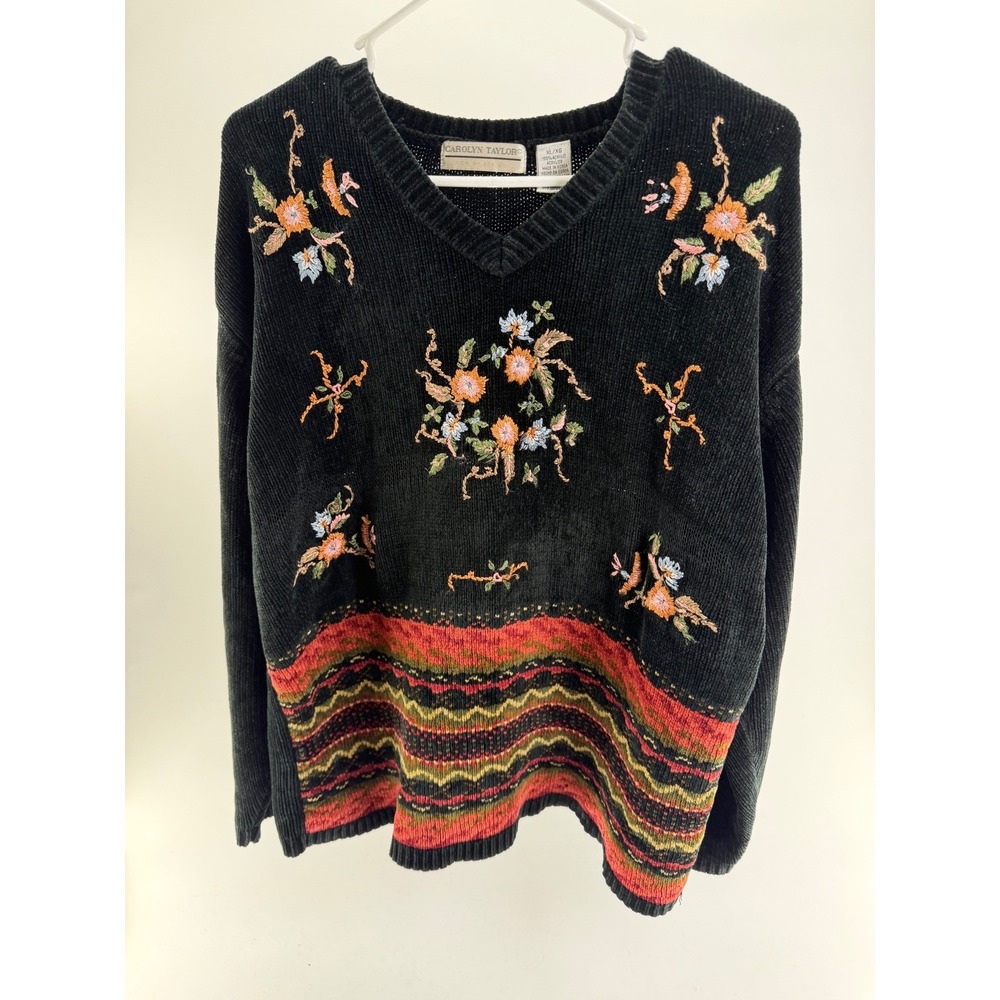 Carolyn Taylor Vintage Black Chenille Floral Embroidered V-Neck Sweater XL